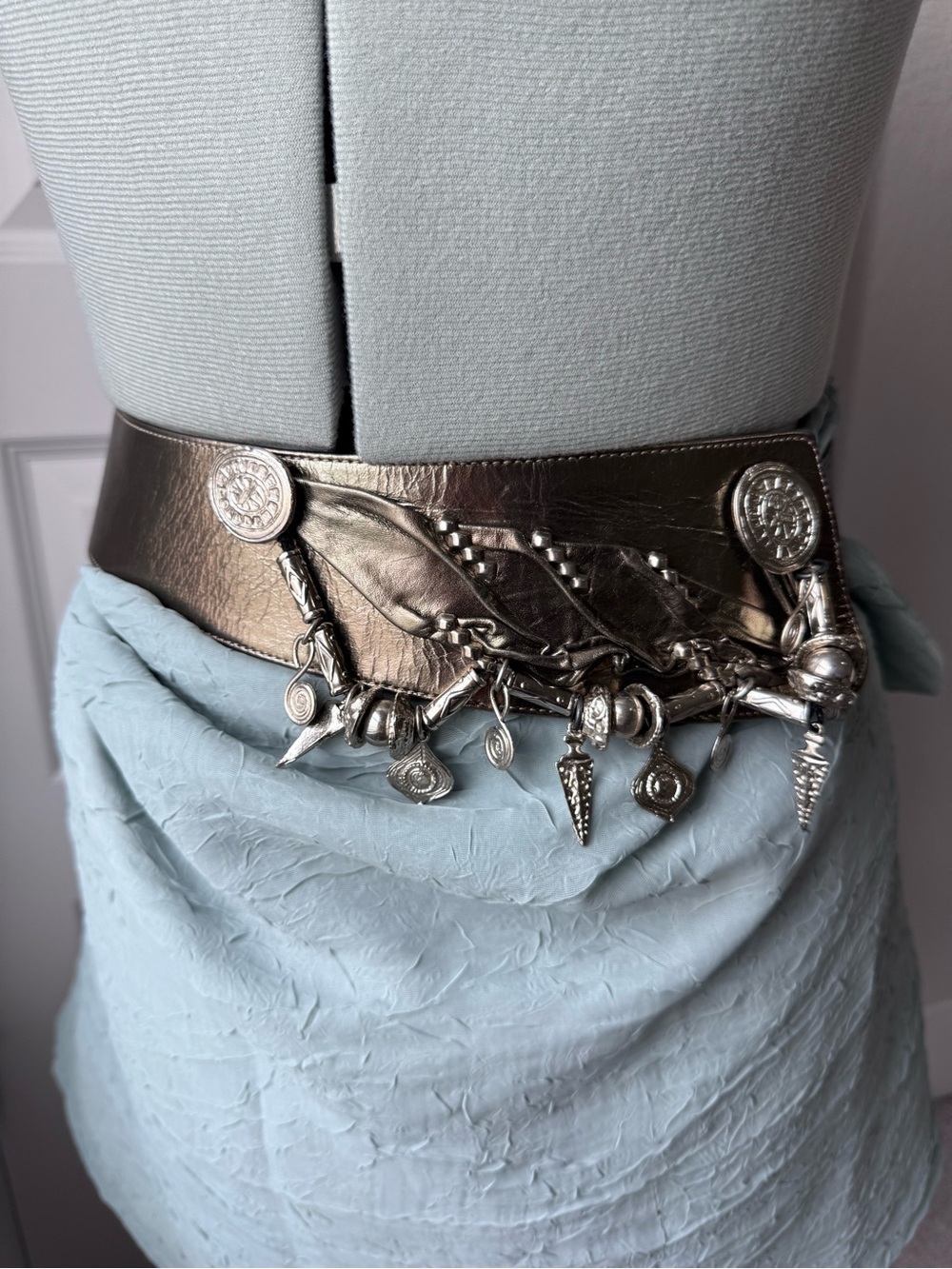 Vintage Leatherock Metallic Silver Charm Leather Waist Belt
